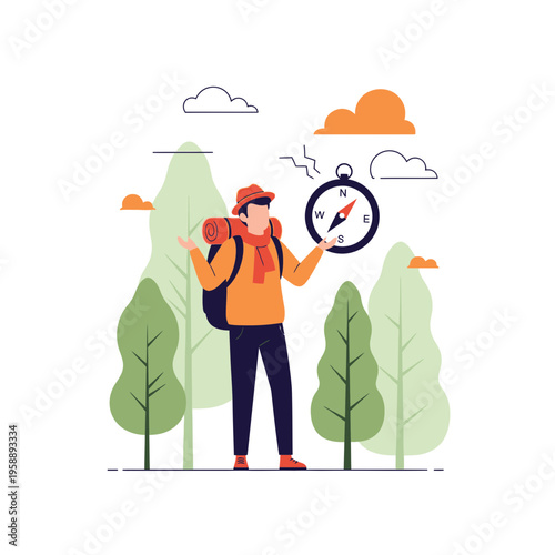 Adventurous Traveler Holding Compass Amidst Nature Illustration