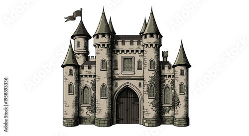 Medieval Castle Fortress Towers Gothic Architecture with Flag and Gate