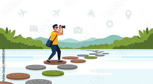 Adventurous Photographer Navigates Stepping Stones Towards Scenic Destination