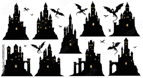 Mysterious Castles Silhouettes with Dragons Flying Overhead