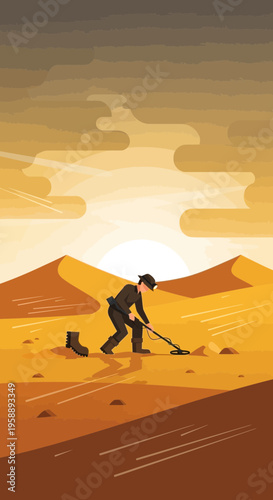 Adventurous Prospector Seeking Treasures in Vast Desert Sands