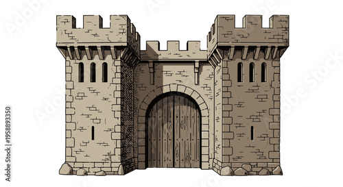 Medieval Castle Gatehouse Entrance with Wooden Gate and Towers