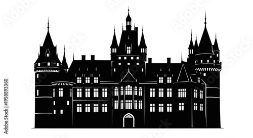 Ornate Castle Silhouette with Tall Spires and Many Windows