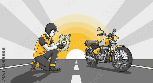 Adventurous Rider Consulting Map And Compass For Journey Ahead With Motorcycle