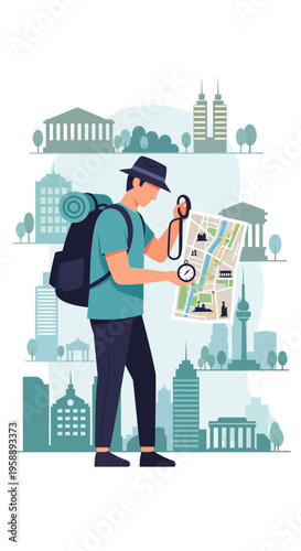 Adventurous Traveler Navigating Cityscape With Map and Compass