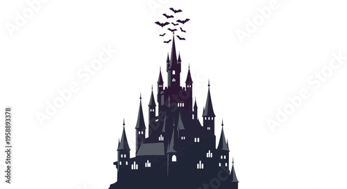 Spooky Castle with Bats Flying Above Silhouette Dark Gothic Architecture