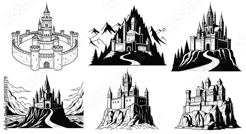 Six Fantasy Castles in Black and White Line Art Style with Detailed Architecture