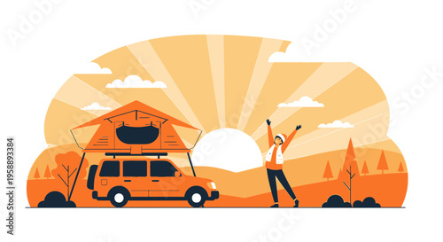 Adventurous Road Trip Enjoying Scenic Sunrise With Rooftop Tent Camping