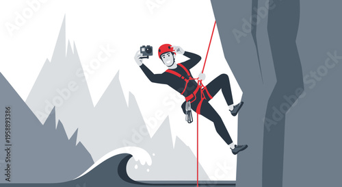 Adventurous Rock Climber Captures Thrilling Descent with Action Camera Amidst Majestic Mountains