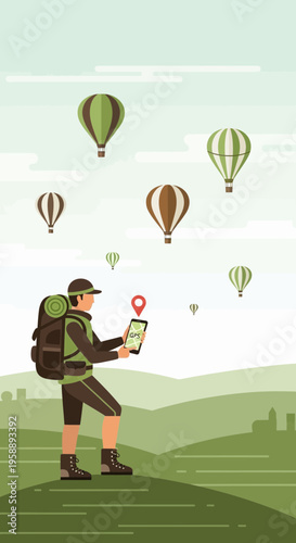 Adventurous Traveler Navigating With Hot Air Balloons Overhead In Scenic Landscape