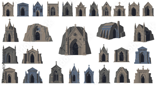 Collection of Gothic Mausoleums and Tombs in Various Styles and Colors