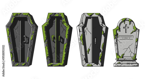 Creepy Stone Coffins and Gravestone with Green Moss Cracked Surface