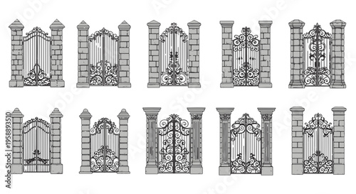 Collection of Ten Ornate Black Wrought Iron Gates with Stone Pillars