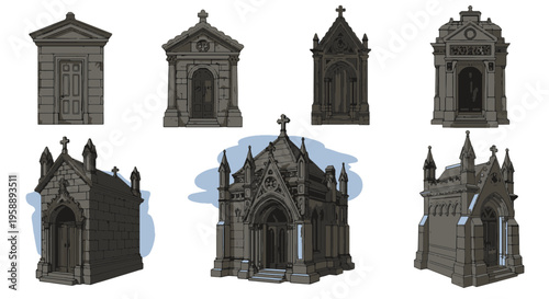 Collection of Ornate Stone Mausoleums and Crypts with Architectural Details