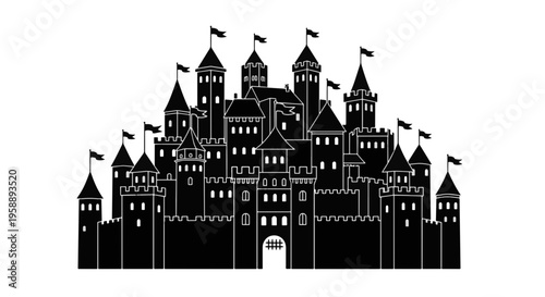 Fantasy Castle Silhouette Medieval Fortress with Flags and Towers