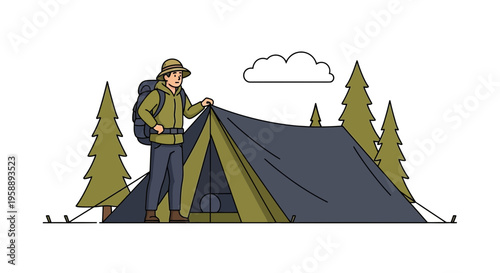 Adventurous Traveler Setting Up Camp Amongst Pine Trees