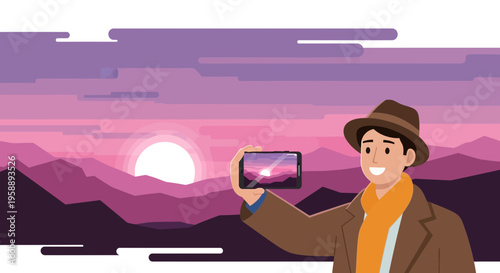 Adventurous Tourist Captures Scenic Mountain Sunset With Smartphone