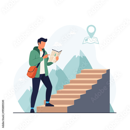Adventurous Traveler Ascending Mountain Path With Map