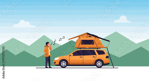 Adventurous Traveler Whistles a Tune Beside Rooftop Tent Adventure Vehicle