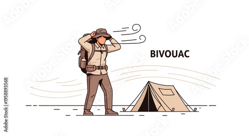 Adventurous Traveler Battling Gusty Winds Near Campsite Tent