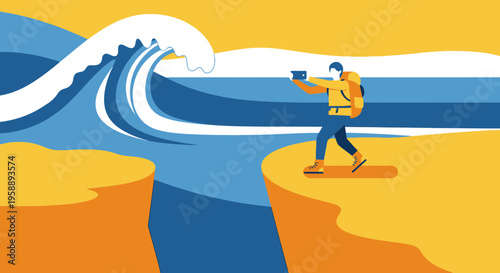 Adventurous Traveler Captures Majestic Ocean Wave From Scenic Cliff Vantage Point