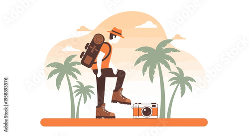 Adventurous Traveler With Backpack Captures Tropical Scenery With Vintage Camera