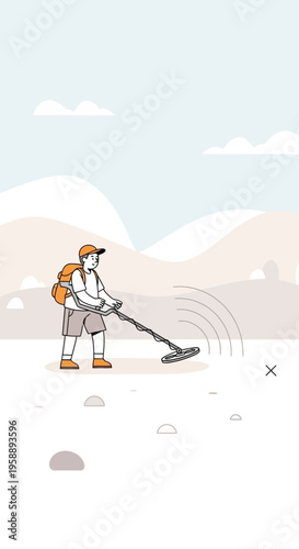 Adventurous Treasure Hunter Explores Outdoor Terrain with Metal Detector
