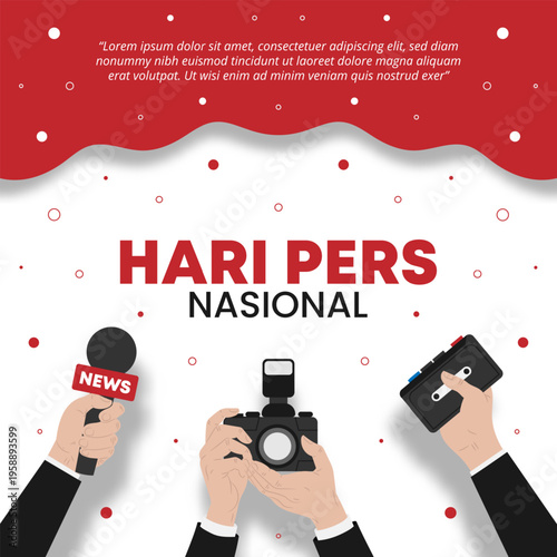Indonesian National Press Day Poster with Journalists Hands Holding Recording Tools