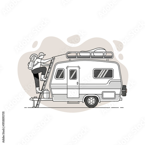 Adventurous Traveler Climbs Ladder Onto Roof Top Caravan Ready For Journey