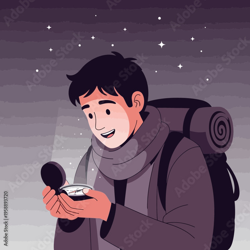 Adventurous Traveler Consults Compass Under Starry Night Sky