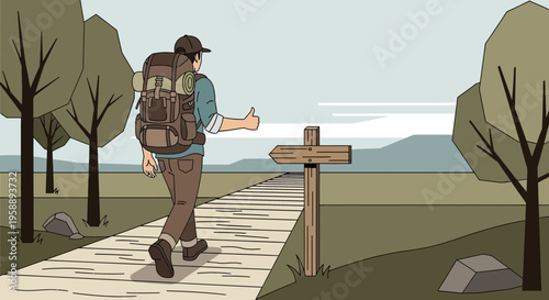 Adventurous Wanderer Embarks On A Journey On A Wooden Path With A Directional Signpost