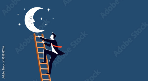 Ambitious Businessman Ascends Ladder Towards Smiling Moon Symbolizing Dream Achievement