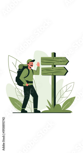 Adventurous Traveler Contemplates Outdoor Expedition Paths With Signpost