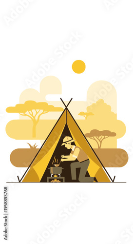 Adventurous Traveler Cooking Inside Safari Tent Under African Sun