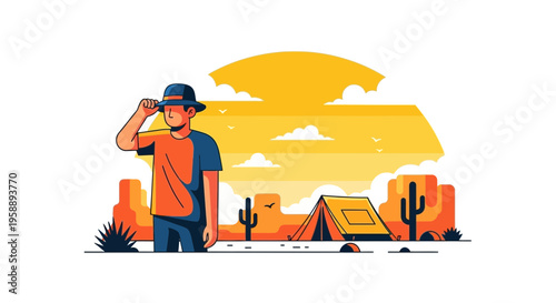 Adventurous Wanderer Surveys Desert Horizon with Camping Gear Under Golden Sky