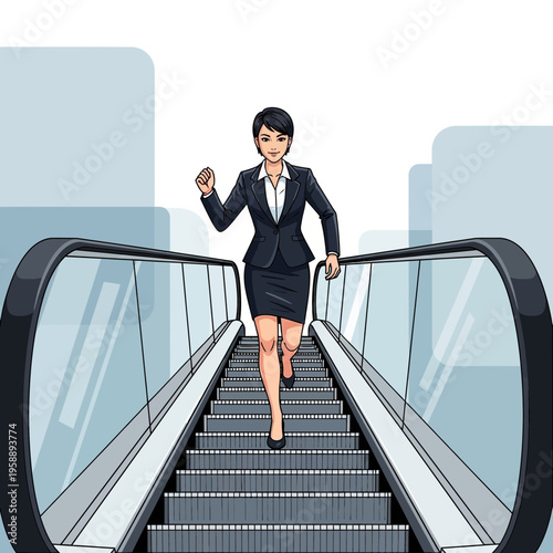 Ambitious Businesswoman Ascending Escalator Towards Success Dynamic Professional Movement