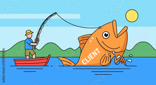 Angler Reels In Giant Client Fish Symbolizing Business Success And Opportunity