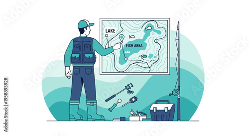Angler Planning Fishing Expedition Using Detailed Lake Map And Equipment