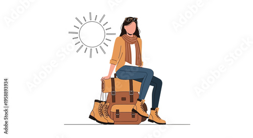 Adventurous Woman Sitting on Backpack Under Sunny Sky