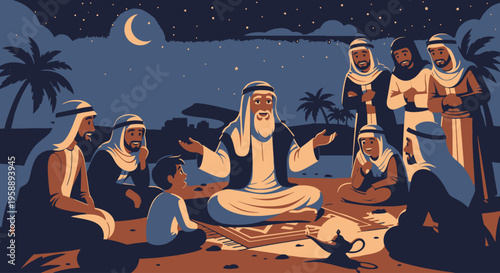 Middle Eastern men sitting around a campfire at night