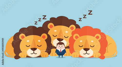 Angry Businessman Surrounded By Sleeping Lions Minimalist Illustration