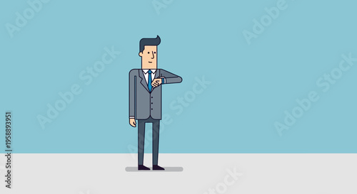 Animated Businessman Checks Wristwatch On Blue Background