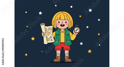 Adventurous Young Explorer With Map And Compass Under Starry Sky