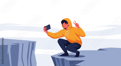 Adventurous Young Person Capturing a Cliffside Selfie With a Phone