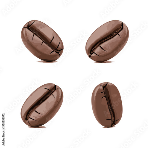 Four Roasted Coffee Beans Isolated on White Background.