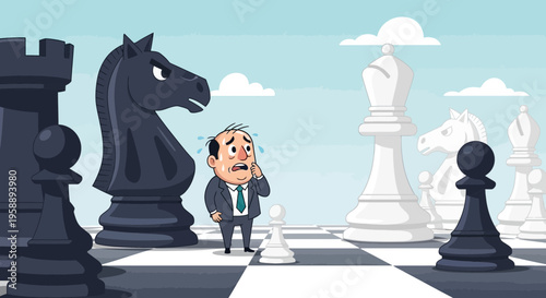 Anxious Businessman Facing Giant Chess Pieces Strategy Competition