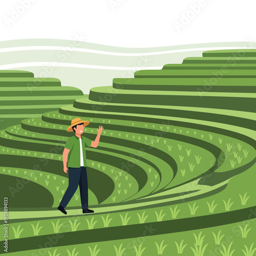 Agrarian Landscape With Farmer Waving On Verdant Rice Terraces