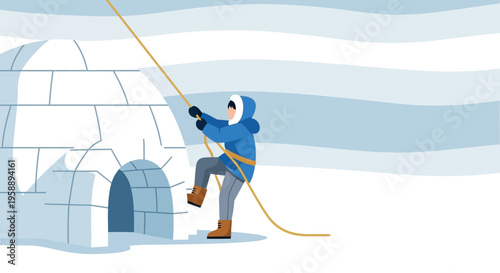 Arctic Adventurer Ascends Snow Dwelling with Rope