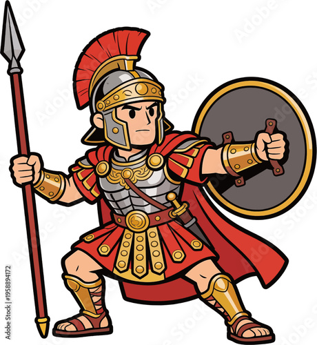 Fierce Roman Legionary Warrior in Action Pose with Spear and Shield Illustration