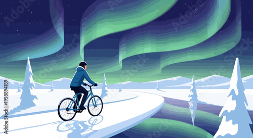 Arctic Bicyclist Under Mesmerizing Aurora Borealis Sky